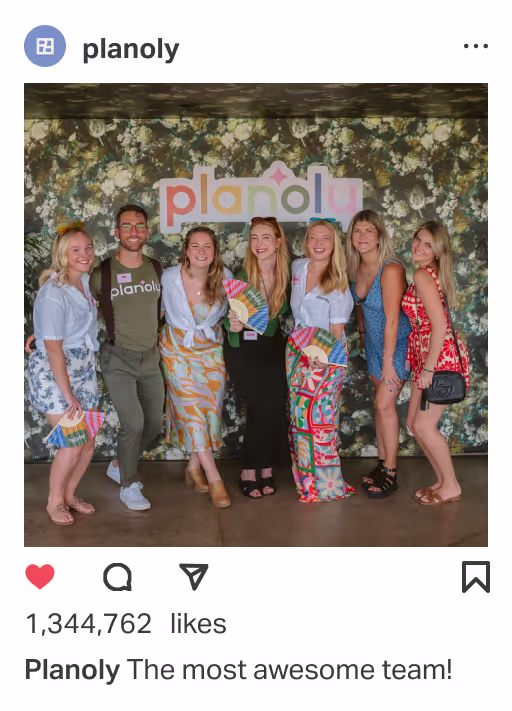 A Planoly Instagram post preview over a group photo.