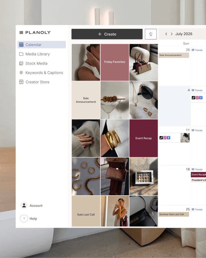 Planoly social planner showing a visual content calendar.