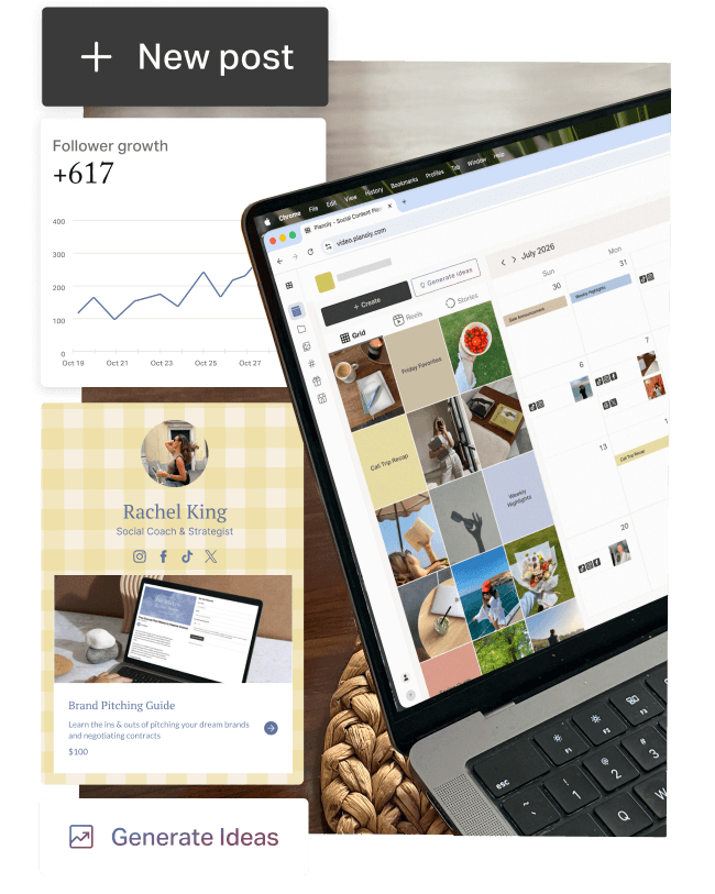 Planoly displayed on a laptop with tools for creating posts, tracking follower growth, building a link in bio, and generating ideas.