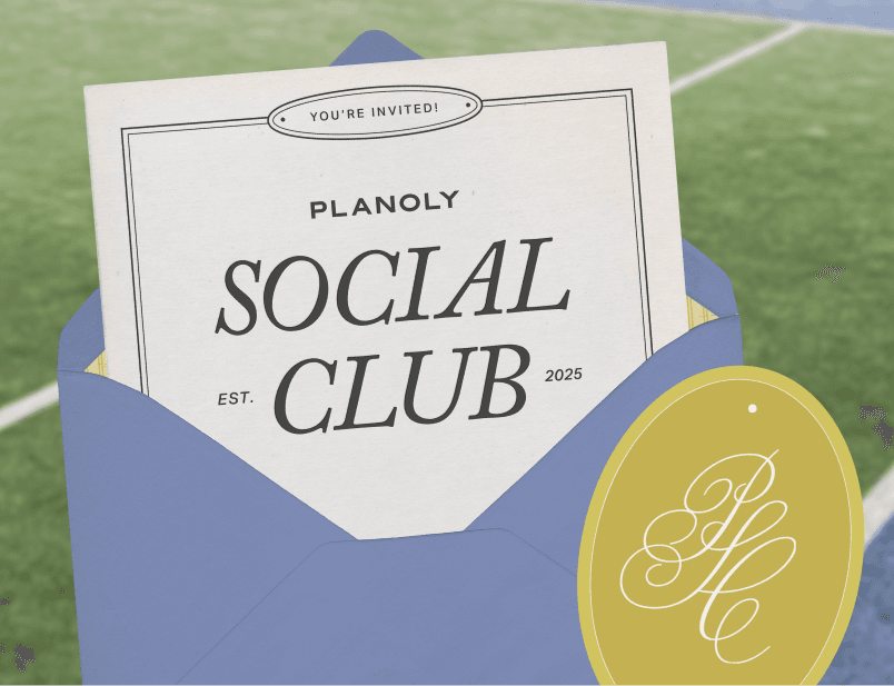 An invitation to Planoly Social Club in a blue envelope