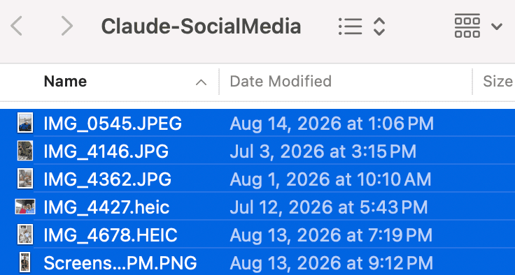 A Finder folder named Claude-SocialMedia containing raw photos and screenshots ready to be turned into posts