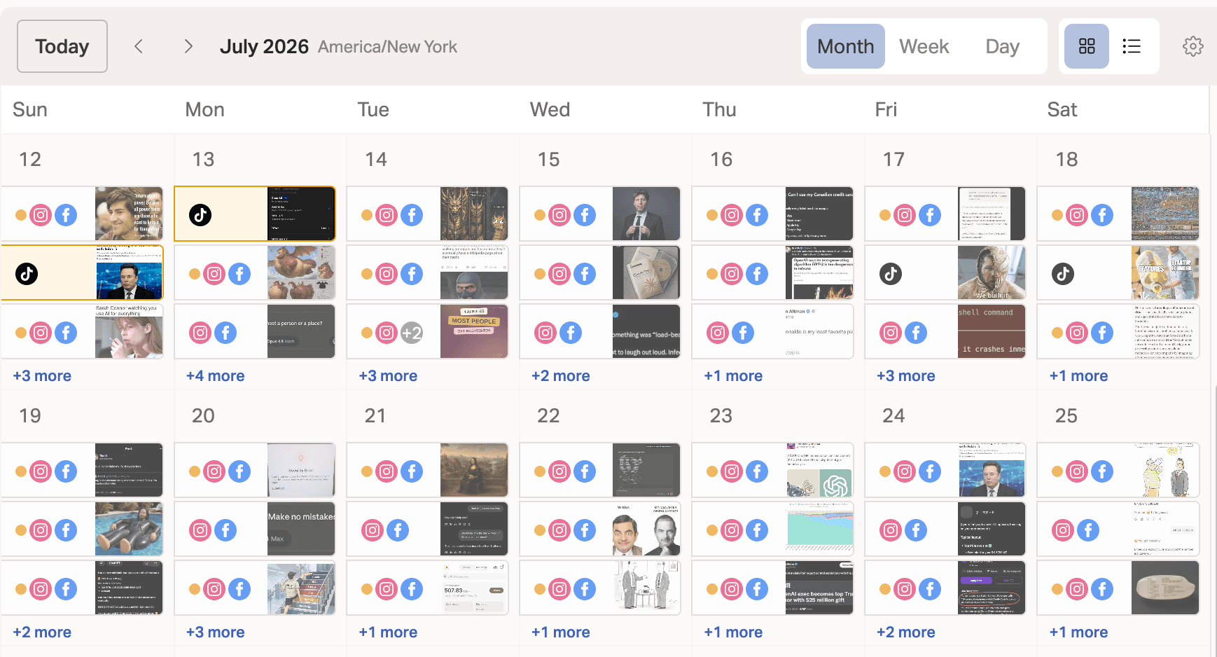 Planoly monthly calendar view filled with scheduled posts across Instagram, Facebook, and TikTok