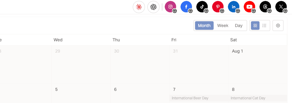 Planoly calendar view with connected social channel icons shown in the top right corner