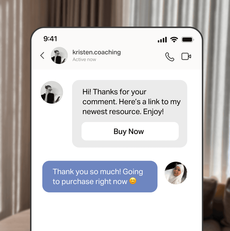 An automated Instagram direct message response with a Buy Now action.