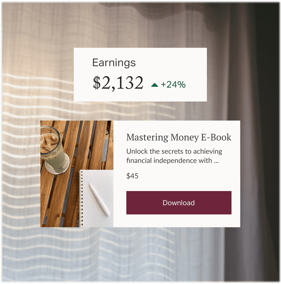 Creator Store earnings and a Mastering Money E-Book download.