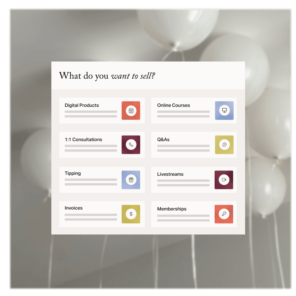 Creator Store product options for downloads, courses, consultations, events, and memberships.