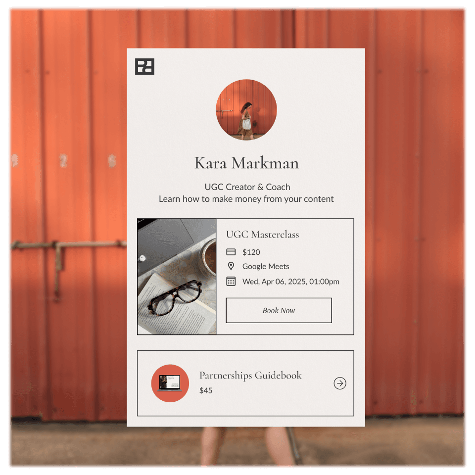 A Creator Store page selling a UGC Masterclass and a Partnerships Guidebook.