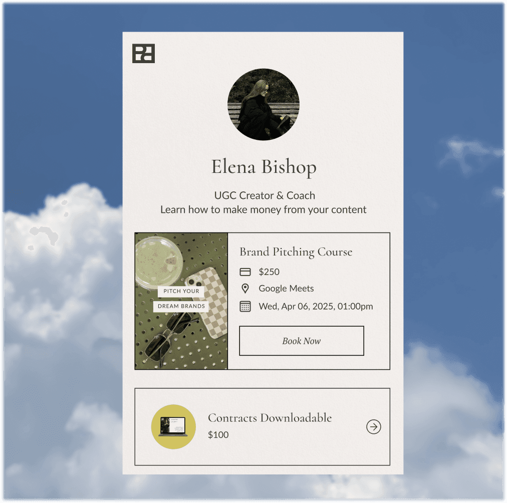 A Creator Store page featuring a course and a digital download.