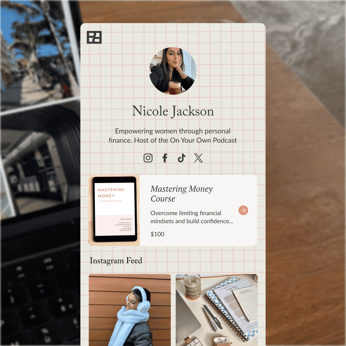 A customizable Creator Store profile with products and an imported social feed.