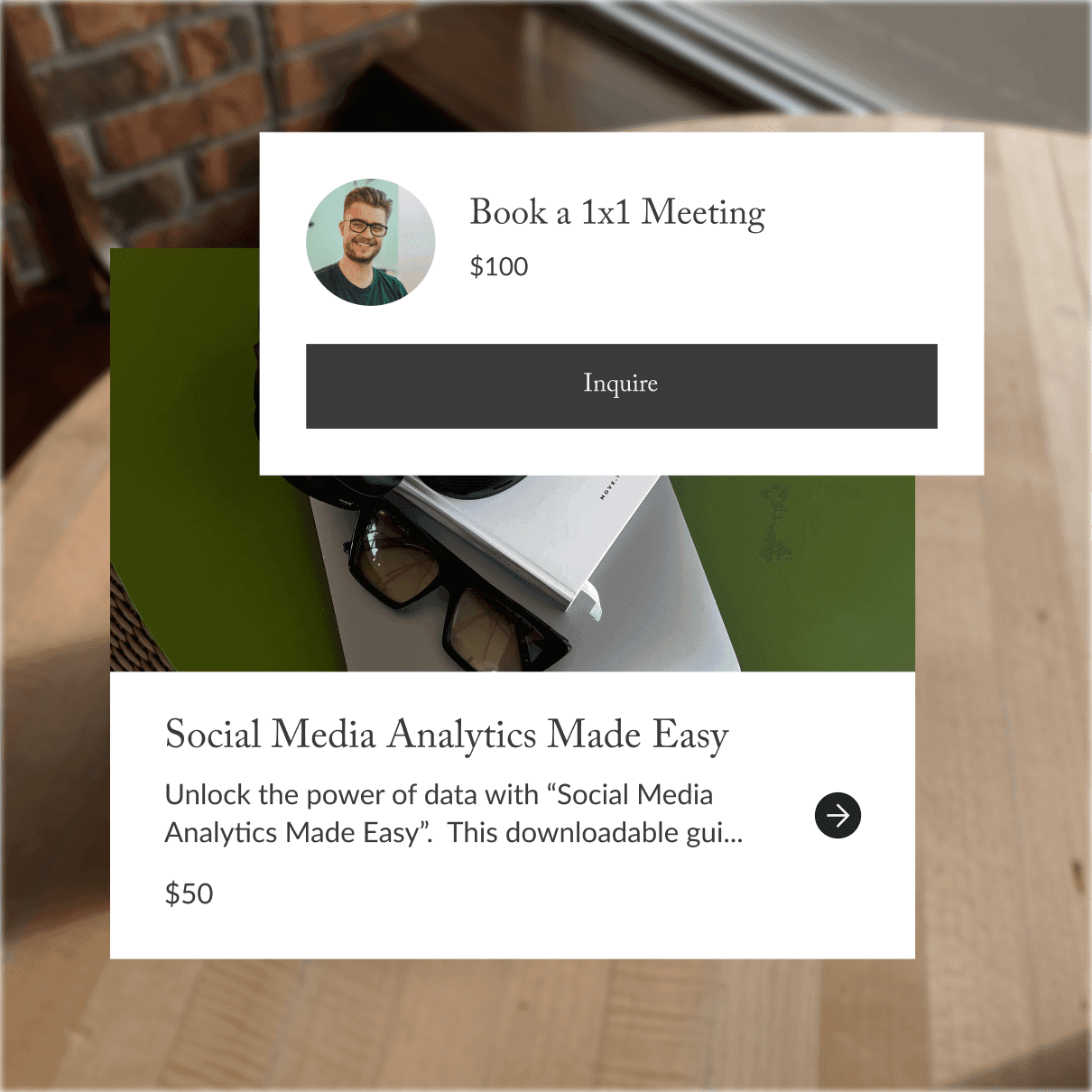 Creator Store cards offering a one-to-one meeting and a digital download.