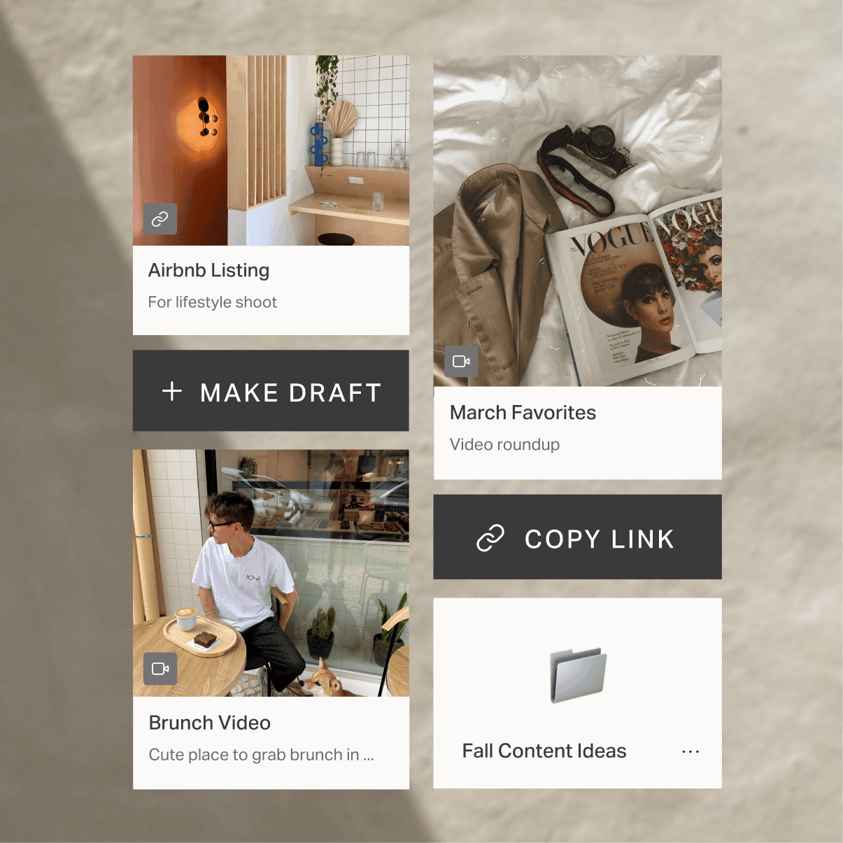 Planoly Media Library cards with Make Draft and Copy Link actions.