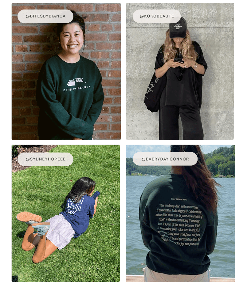 Four creators wearing and displaying custom branded merchandise.
