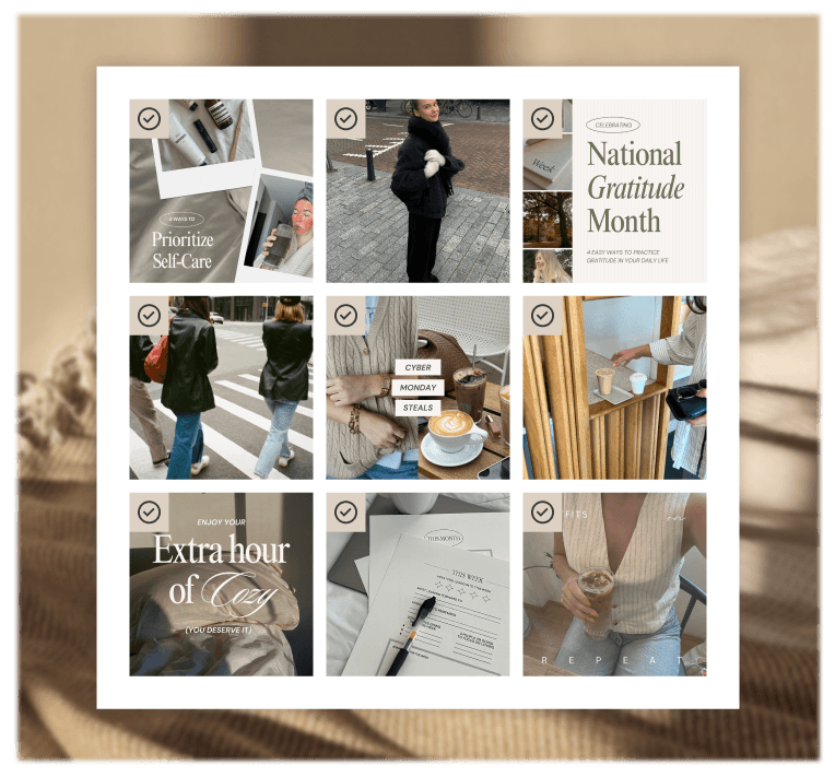 A nine-tile neutral lifestyle social grid with selected posts.