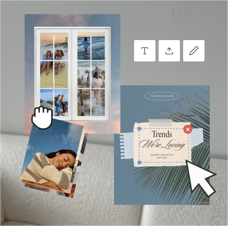 An editable social template collage with text, upload, and pencil controls.