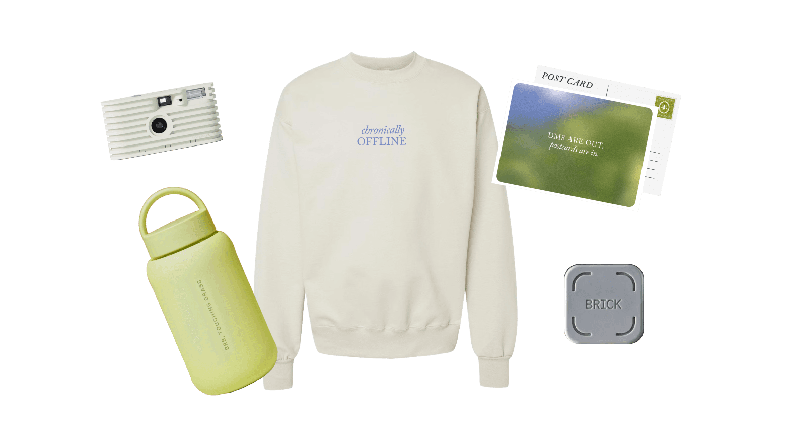 Touch Grass giveaway items including a sweatshirt, camera, book, bottle, and alarm clock